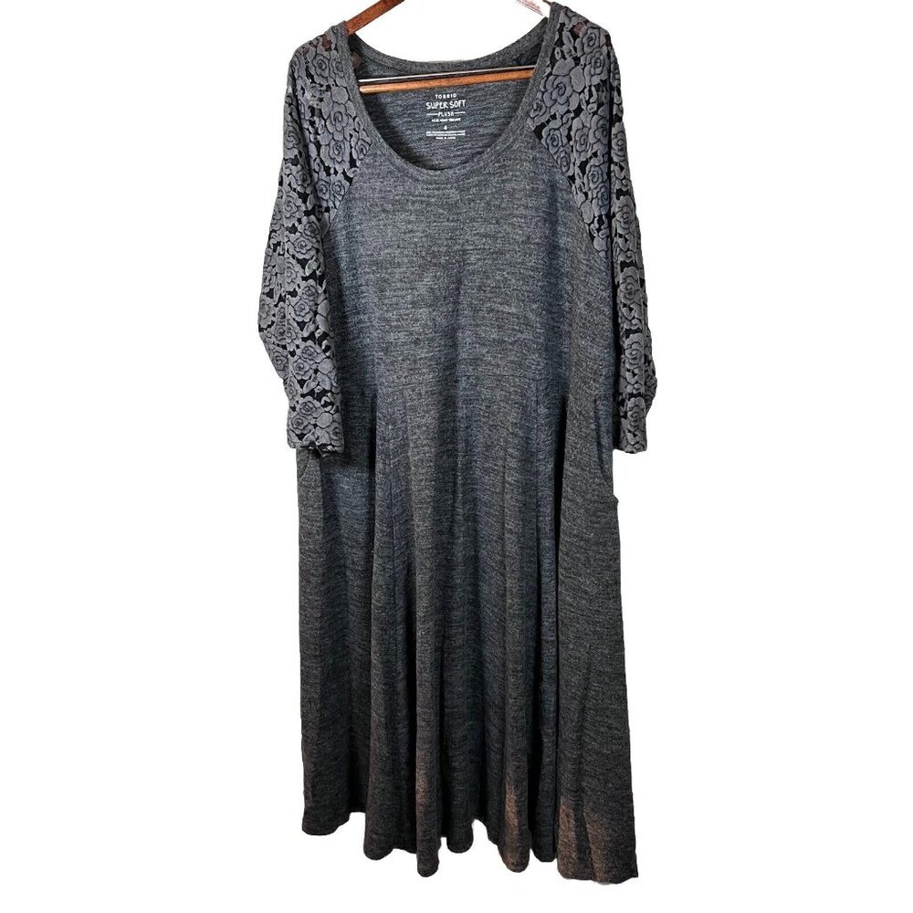 Torrid Super Soft Plush Size 4 Gray Dress with Lace Sleeves Maxi Length